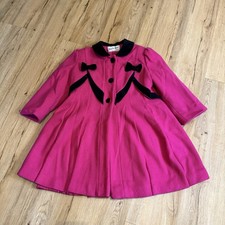 Rothschild Vintage Girl's 6 Pink  Black Jacket Pea Coat Black Velvet Bows Wool