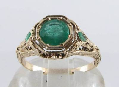 GROSSER FILIGRANER RING 9 KARAT GOLD KOLUMBIANISCHER SMARAGD ART DECO INS KOSTENLOSE GRÖßE