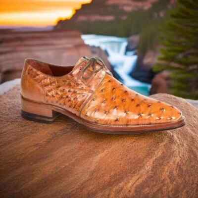 Turkish Handmade Ostrich Tan Leather Laces Derby Shoes Formal Casual Dress Shoes