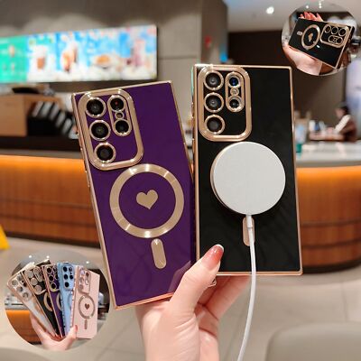 Fr Samsung Galaxy S24 S25 Ultra S23 S22 Plating Heart TPU Mag Safe Magnetic Case