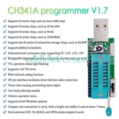 CH341A Programmer V1.7 1.8V Level Conversion W25Q64FW W25Q128FW GD25LQ64 NEW - Bild 1 von 4