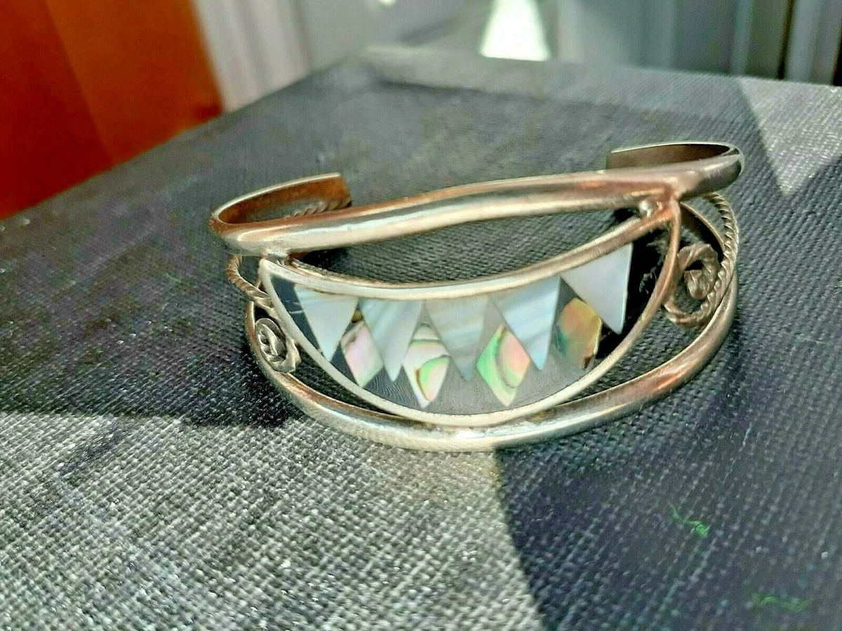 Silver Enamel Abalone Mother of Pearl Inlay Bracelet signed Alpaca