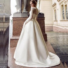 Scoop Neck Long Sleeves Appliques Pocket Pleats Button Back Satin Wedding Dress