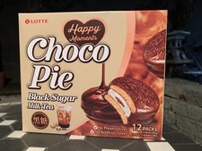 [1 Caja, 12 ct] Lotte Azúcar Morena Leche Té Choco Pie Galleta de Chocolate Coreano