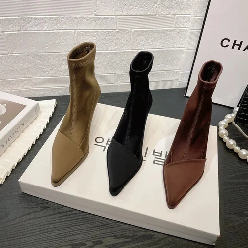 Women High Heels Satin Pointed Toe Autumn Short Boot Thin Heel Stretch Sock Boot - Imagen 6 de 16