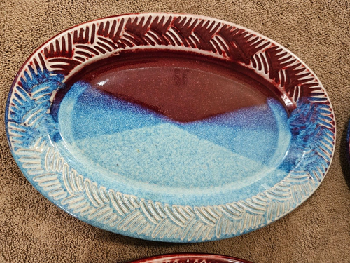 CLYDE GOBBLE POTTERY HANDMADE RED BLUE OVAL PLATES SIGNED 12" EXCELLENT SET OF 4 - Picture 3 of 9