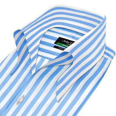 Men's Celebrity Style High Open Button Down Collar Sky Blue White Stripes Shirt