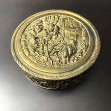 Vintage Brass & Glass Round Vanity Cosmetic Powder Jar w Mirror & Removable Lid