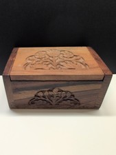 Vintage Hand Carved Floral Wooden Trinket Jewelry Box 5.5" x 3.5"