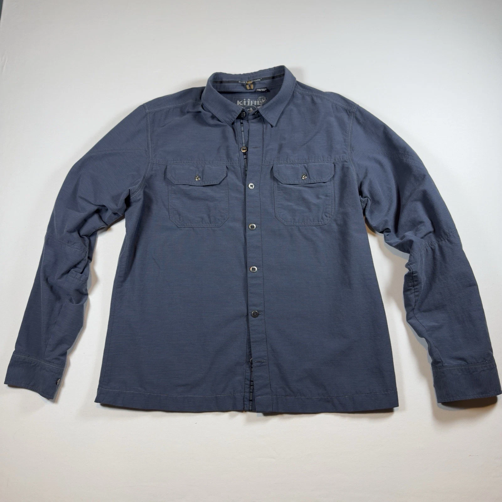 Kuhl Shirt Blue Long Sleeve Metal Button Mens Large 5 Panel Sleeve Pocket Hiking