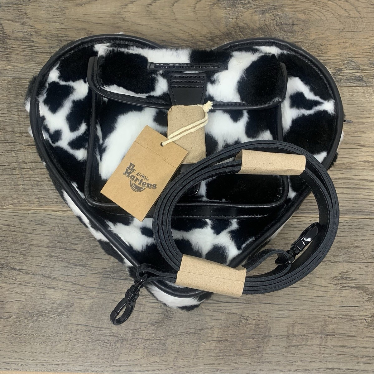 Dr. Martens Heart Shaped Faux Fur Cow Print Leather Backpack Purse 