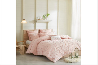 Maize 7-Piece Pink Cotton Full/Queen Cotton Jacquard Duvet Cover Set with Euro S