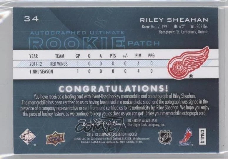 2012-13 Ultimate Collection Rookie /25 Riley Sheahan #34 RPA Patch Auto RC - Image 2 of 2