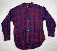 Vintage Tommy Hilfiger Flannel Shirt Mens L Red Navy Plaid Button Up Made Saipan