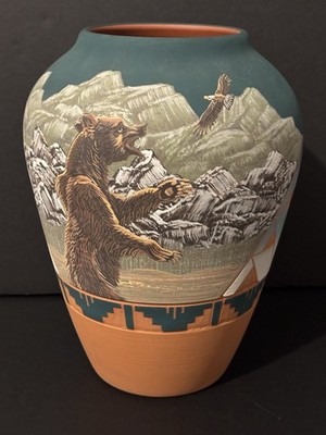 SUPERB Richard Underbaggage Native American Pottery Vase 11  Signed Lakota