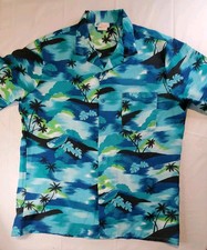 Islander Mens L Hawaiian Shirt Polyester Vtg Bright Blue Palm Trees Sunset Sky