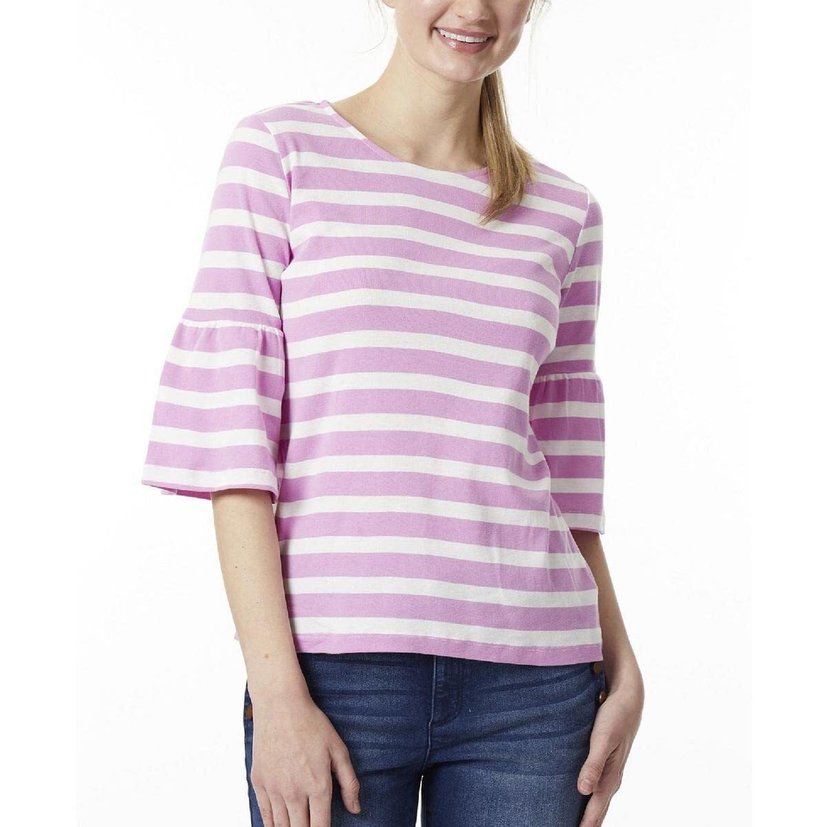 Jones New York Women's Stripe Cotton Crew Neck Elbow Bell SLV, Petal Pink/White,