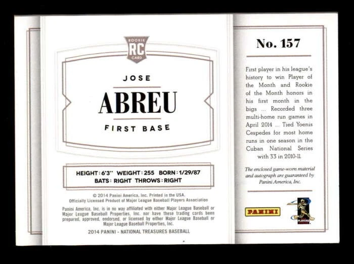 JOSE ABREU 2014 NATIONAL TREASURES #157 RPA ROOKIE PATCH AUTO #17/99 T6275 - Image 2 of 2