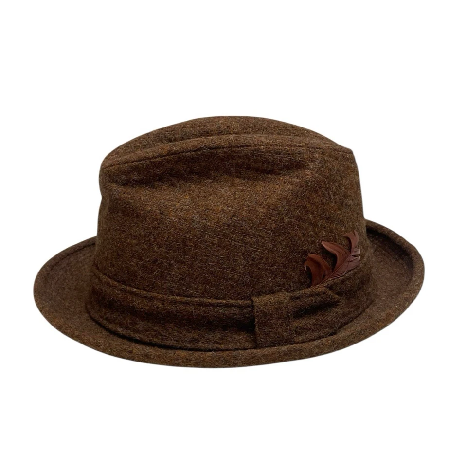 Vintage DOBBS Fifth Avenue Men’s Fedora Hat 7-1/4 Brown Wool Tweed with Feather - Image 2 of 4