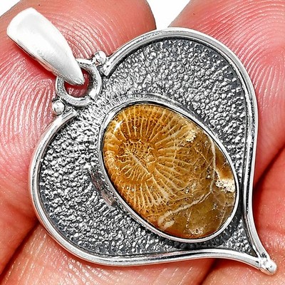 Herz - Natur Blume Fossil Koralle 925 Sterling Silber Anhänger Schmuck P-1503