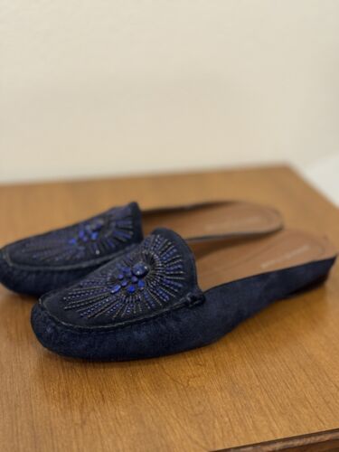 Donald J Pliner Lucia Dark Navy Blue Jewel Leather Slip On Mules Women’s Sz 9.5M