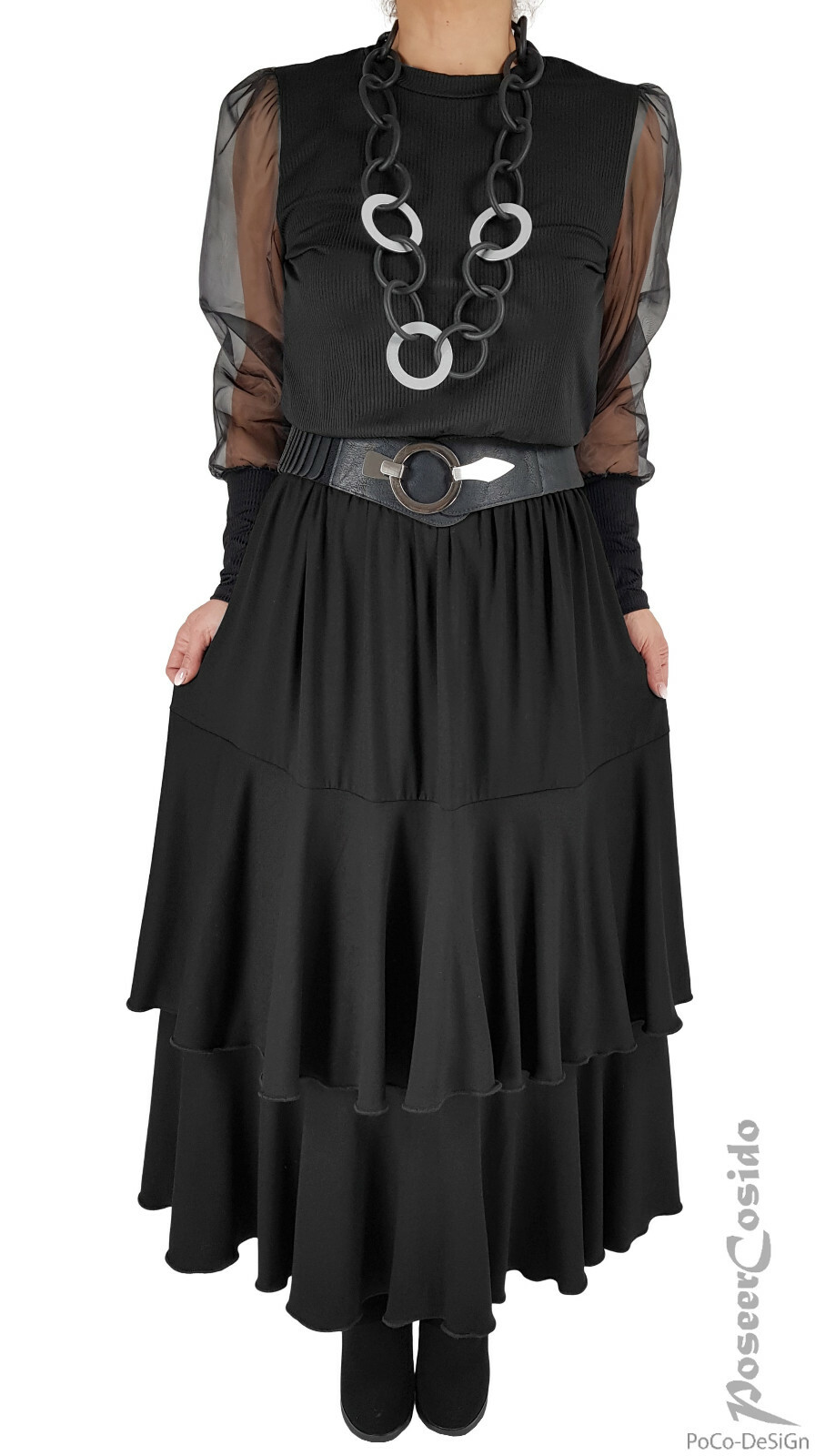 LAGENLOOK Shabby Volant Godet Falda Negra XL-XXL-XXXL 44 46 48 50 52 54 56 58