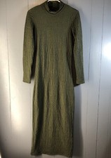 Zara Size Medium Textured Fitted Mock Neck Dress Green Midi Long Sleeve