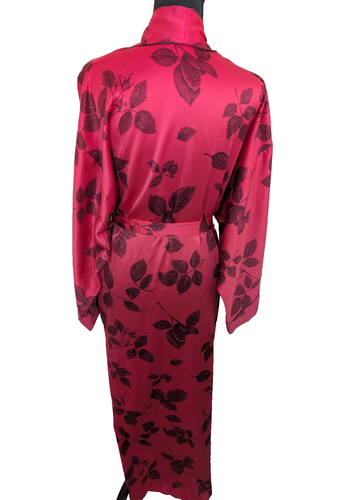 Natori Vintage Maxi Robe Kimono Leaf Red Side Slits Loungewear Size Medium - Picture 2 of 12