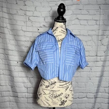 SHEIN X Summer Casual Blue & White Striped Loose Crop Shirt w/ Utility Pocket M