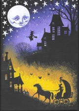 5x7 PRINT OF PAINTING RYTA HALLOWEEN WITCH BLACK CAT HAUNTED HOUSE Folk Art 🌓