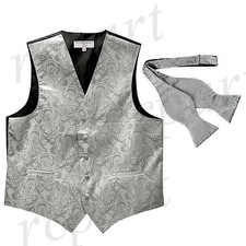 New Men's Vesuvio Napoli Paisley Tuxedo Vest Self-tie Bowtie prom party Silver