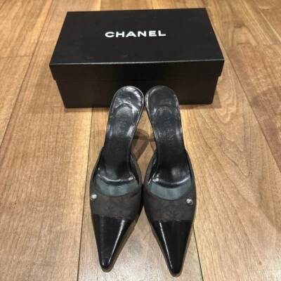 CHANEL Mules À Talon Coco Escarpins Bout Pointu Sandales Femme EU 37 Noir Brun - Photo 1/4
