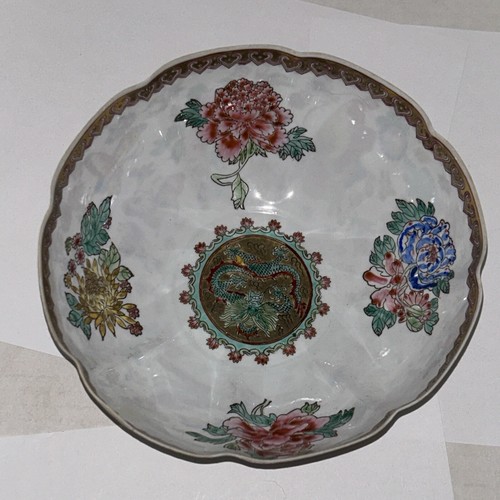 Chinesische Porzellan Schale zarte Eierschale - dünne handbemalte Blumen & Drachen / Box - Bild 1 von 17