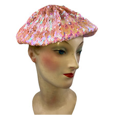 70s Pink Iridescent Full Sequin Beret Disco Roller skating Vintage 1970s