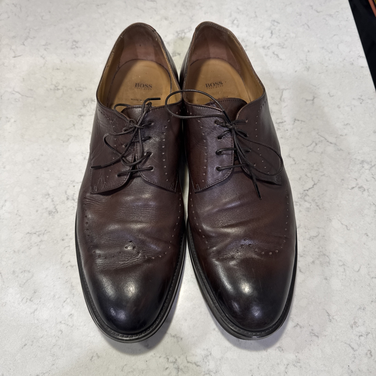 Hugo Boss Men\'s Brown Leather Oxford Dress Shoes Size 7.5 US Italy Floor Sample BOSS - Cap-toe Derby shoes in leather - Dark Brown main image 4