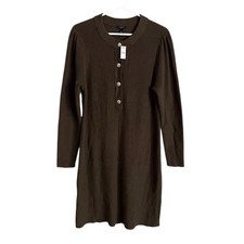 Talbots Olive Green Rib Knit Sweater Dress Button Neck Winter NEW Large Petite
