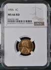🔥🔥1955 1C Lincoln Wheat Cent NGC MS66 RD Red Penny UNC, NGC BROWN SLAB‼️‼️