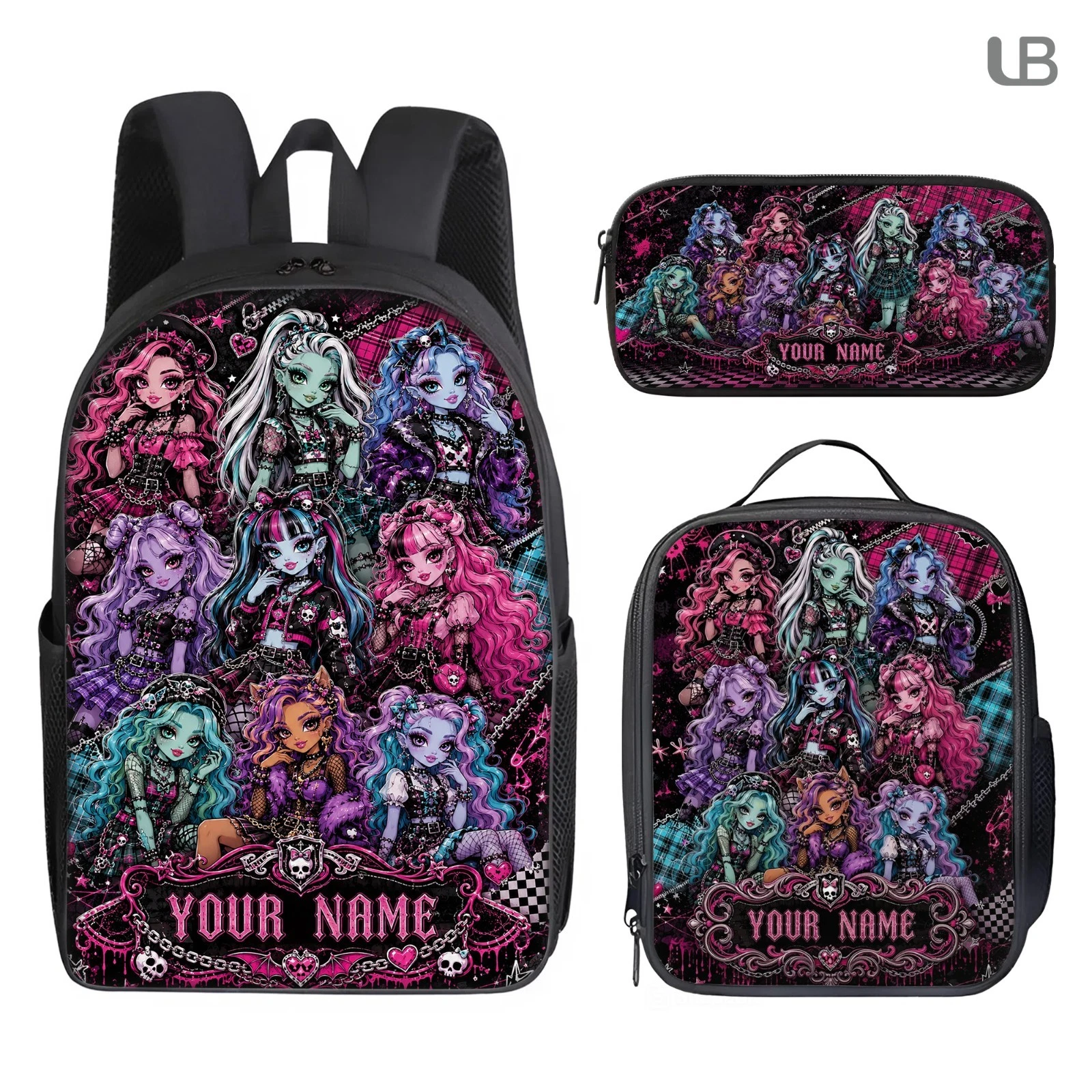 Personalized Monster High Backpack Set, Custom Name School Bag, Lunch Bag & Penc