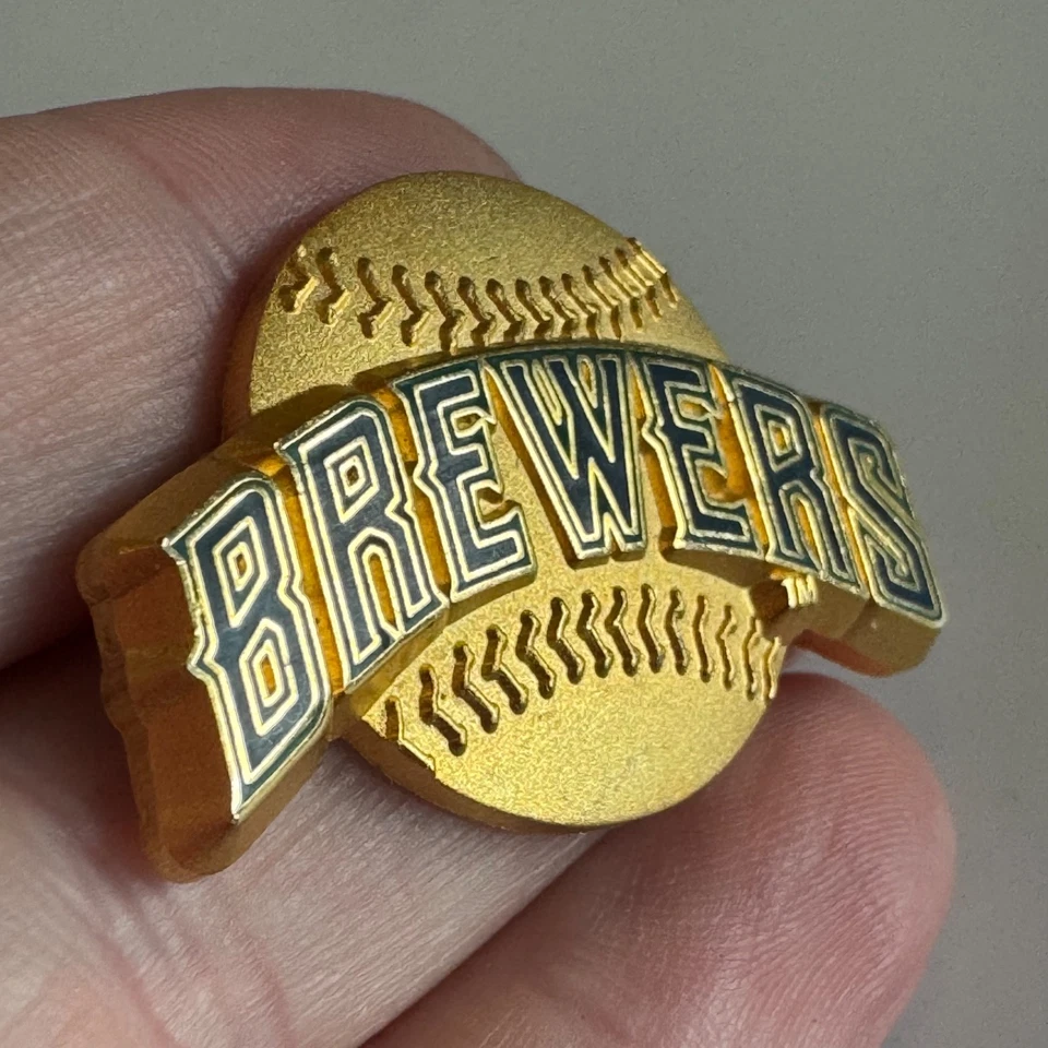 Vintage Milwaukee Brewers Gold Baseball Script Logo Enamel Lapel Pin Peter David - Image 2 of 4