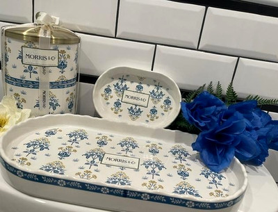 NEW! Morris & Co MEADOW SWEET Bath Accessory 3pc Set  Soap Dish/Cannister & Tray