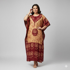 One-Size Yellow Red Loose Summer Tie-Dye Kaftans Cotton Round Neck House Dress