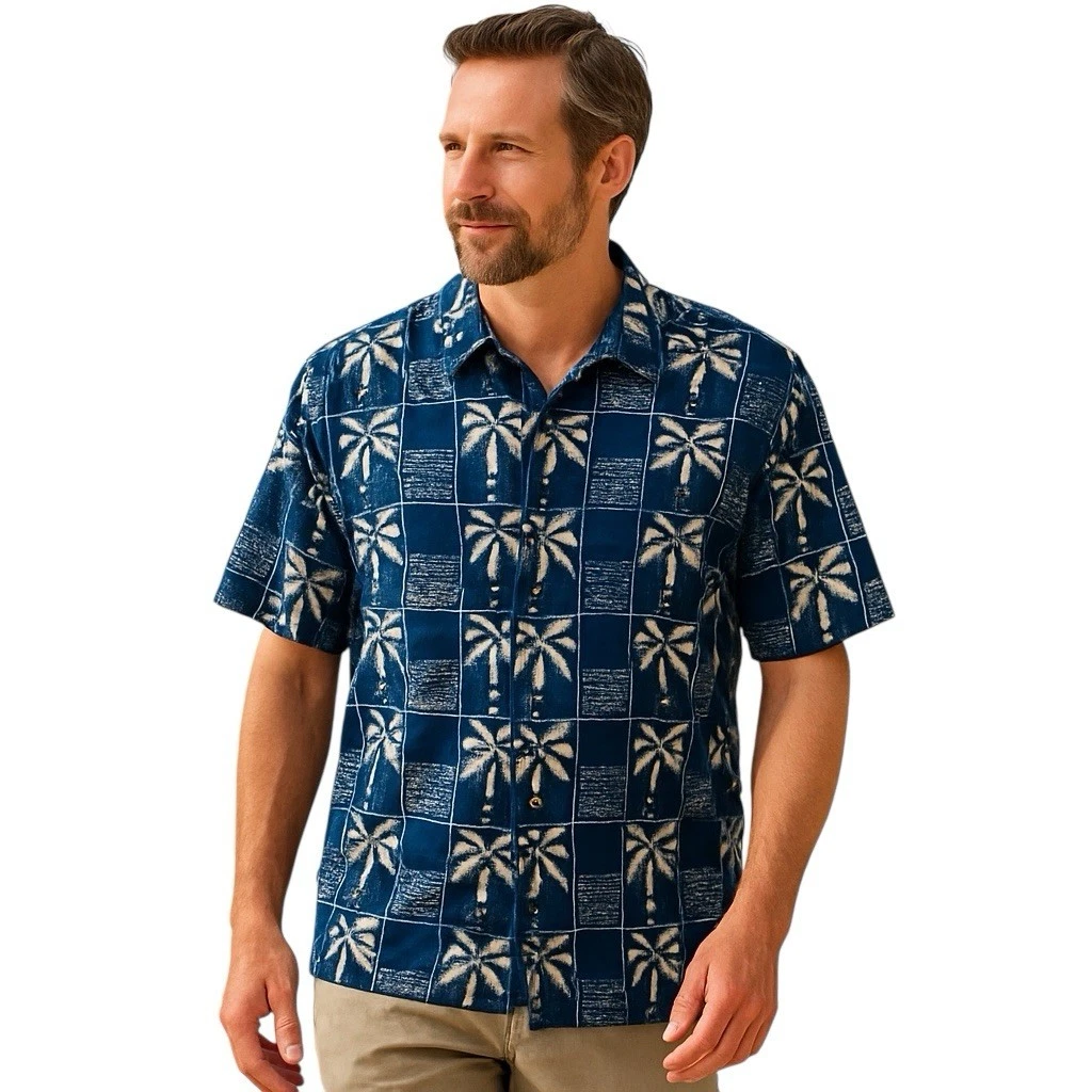 Natural Issue Mens Hawaiian Shirt Palm Tree Print Blue Short Sleeve Button Up XL