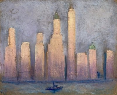 Original Vintage Unsigned Pastel Cityscape on Paper Mid Century Modern Style 
