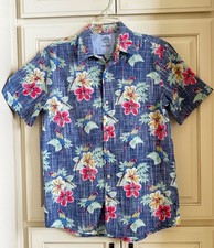 IZOD Saltwater Hawaiian Floral Button-up Collared S Sleeve Blue Men's Shirt Sz M