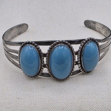 Southwest Style Blue Stone Sterling Silver 925 Cuff Bracelet 7.25"
