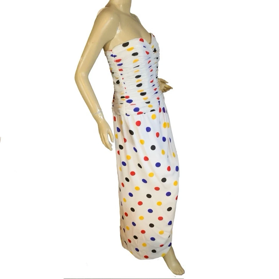 WOMEN'S VINTAGE 1980'S VICTOR COSTA POLKA DOT MULTI COLOR STRAPLESS DRESS SZ 10 - Image 4 of 4