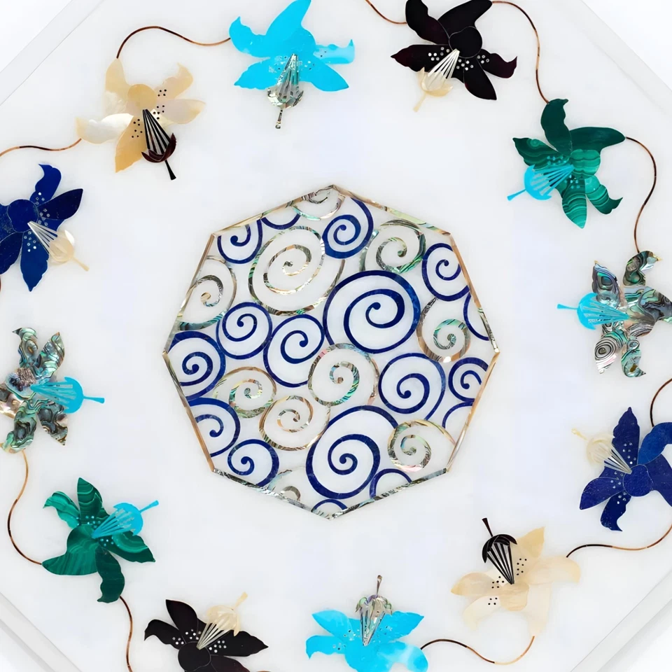 White Marble Inlay Tabletop 16"x16" – Semi-Precious Stone Design – Handmade - Image 3 of 4