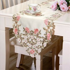Floral Table Runner White Table Doily Pink Embroidery Table Runner with Tassels