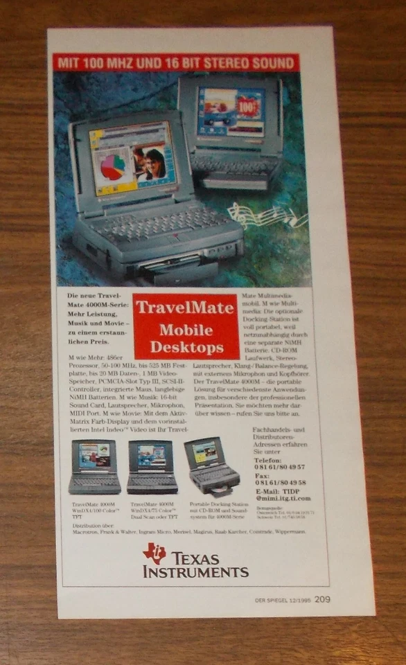 Seltene Werbung TEXAS INSTRUMENTS TRAVELMATE 4000 WinDX4/100 Color Notebook 1995 - Bild 1 von 1