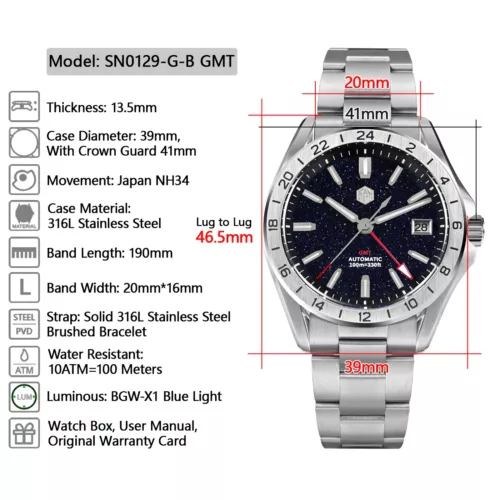 SAN MARTIN SN0129-G-B GMT Automatic Gemstone Dial Date Display 39mm 10ATM Watch - Picture 3 of 44